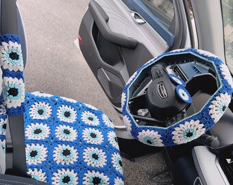 Blue Devil's Eye car steering wheel cover, Crochet steering wheel cover,Handmade car seat cover Car accessories, Mother's Day gift