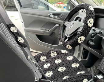 Crochet Skull Steering Wheel Cover,Crochet Steering Wheel Cover,Car seat belt cover,Unisex Car Accessories,New car gift,