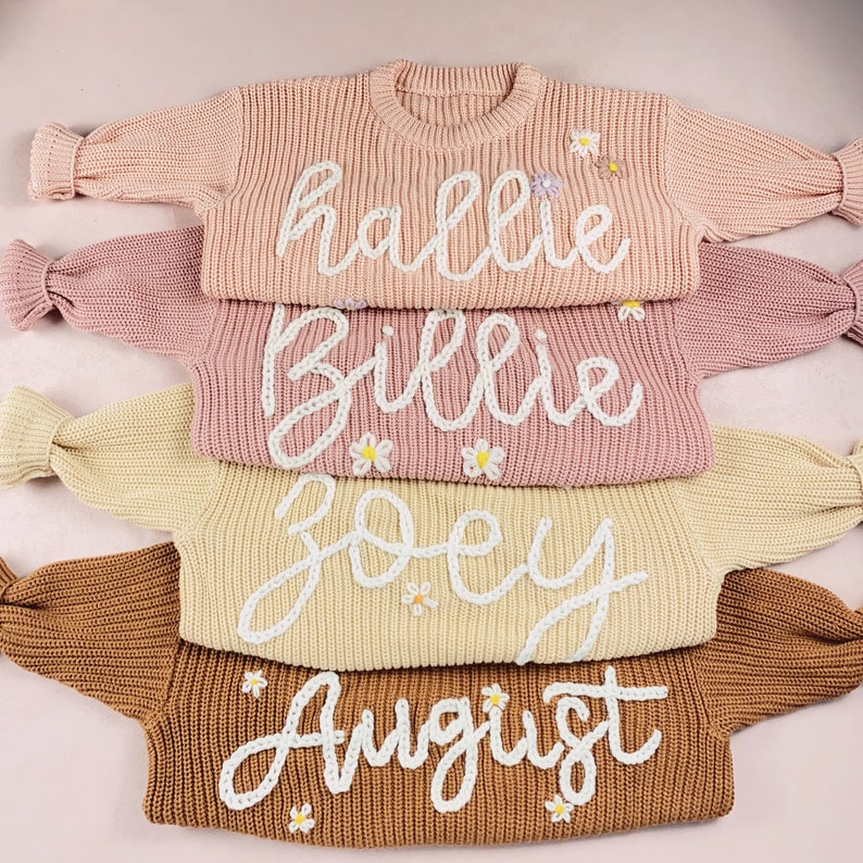 Personalized Hand Embroidered Baby and Toddler Sweaters,Embroidered Name Sweater,Embroidered Oversized Chunky Kids Sweater,Baby Announcement image 2