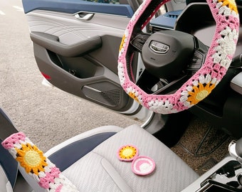 Pink Sun Moon Crochet Steering Wheel Cover,Crochet Steering Wheel Cover,Crochet Car seat belt cover,Car accessories,New car gift