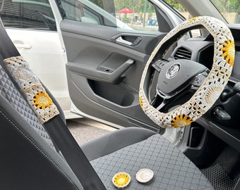 Sun and Moon Steering Wheel Cover for women, Crochet seat belt cover, Car coasters set , Cute car accessories interior decor,New car gift