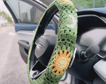 Green Crochet Car Steering Wheel Cover, Sun and Moon Steering Wheel Cover, Car Decoration, Steering Wheel Cover For Women,Mother's day Gifts