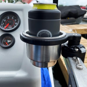 Single Pontoon Boat Cup Holder with Pontoon Rail Mount. Fits 1 - 1/8″ and 1 - 1/4&quot; pontoon rails with no drilling required. SandBar® System
