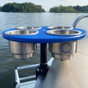 Pontoon Boat Drink Holder with Pontoon Rail Mount. Mount to 1-1/8″ and 1-1/4&quot; pontoon rail with no drilling required. SandBar® system