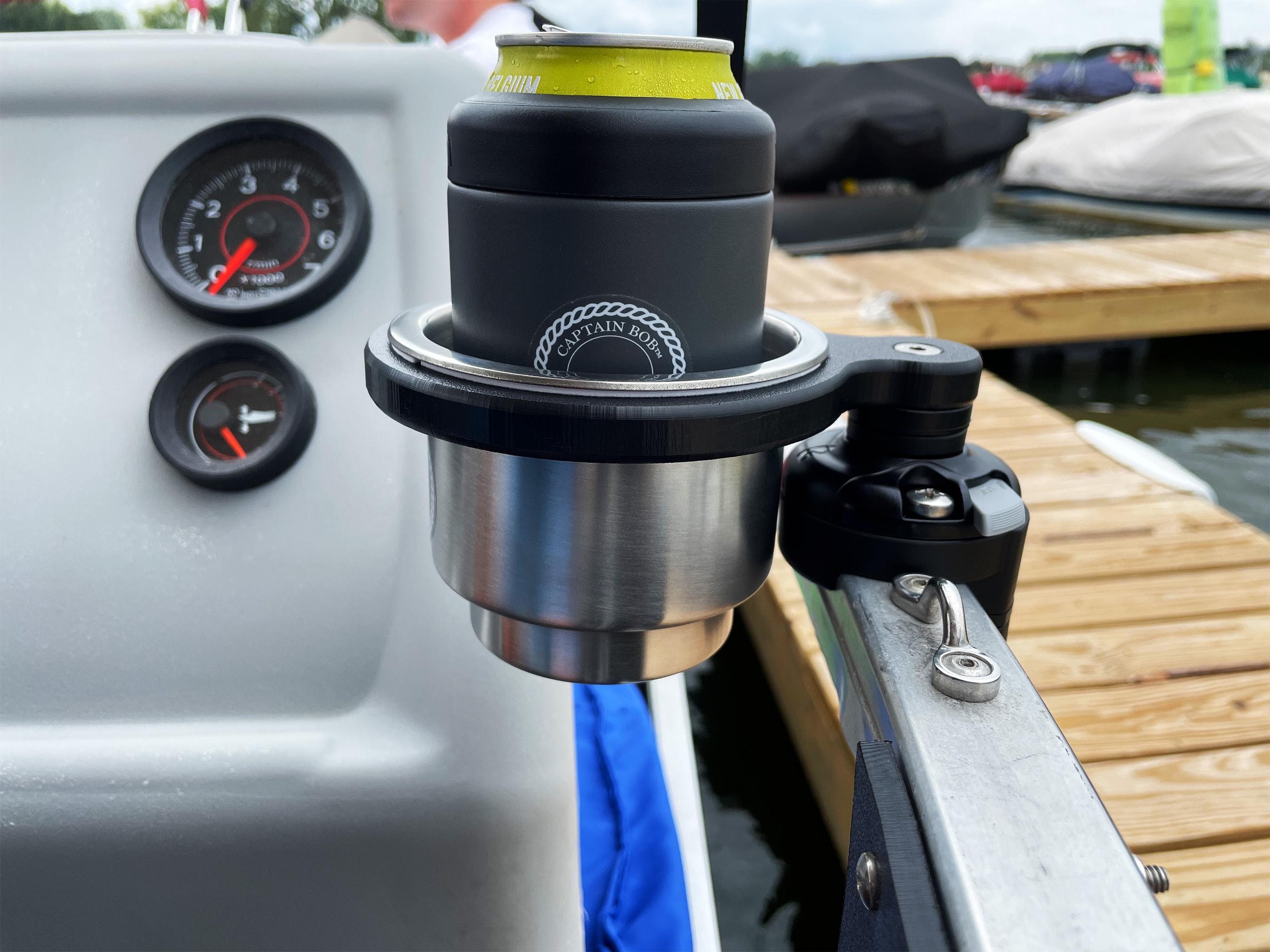 Single Pontoon Boat Cup Holder with Pontoon Rail Mount. Fits 1 - 1/8″ and 1 - 1/4" pontoon rails with no drilling required. SandBar® System