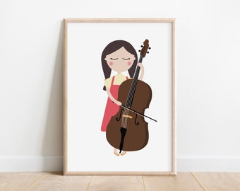 Double Bass Player Girl Art Print | Double Bass Print | Double Bass Poster | Double Bass Art | Contrabass Player