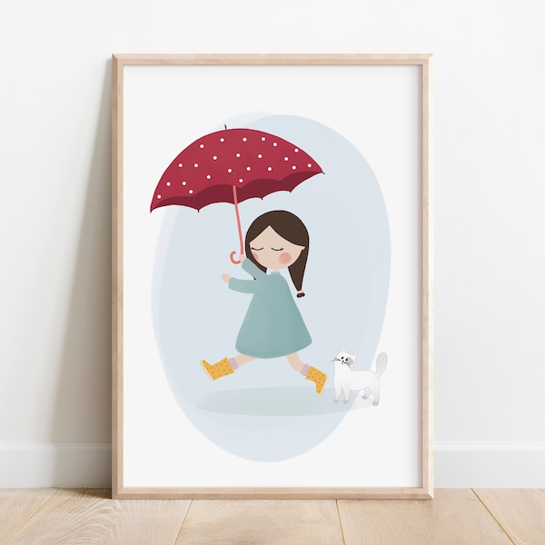 Fille avec parapluie, impression d'art | Fille et chat, impression d'art | Imprimés pour salle de jeux fille | Poster coloré pour chambre d'enfant