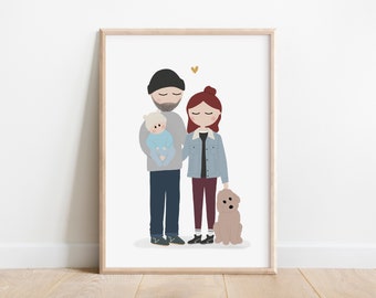 Gepersonaliseerde familieportret | Aangepaste familieportret illustratie | Minimalistisch familieportret