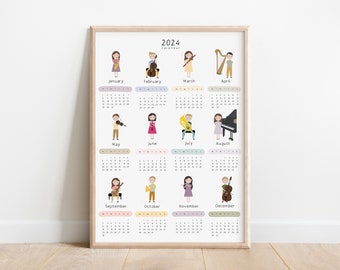 Little Musicians Poster Calendar 2024 | Music Education Posters | Music Classroom Decor | Classical Music Print