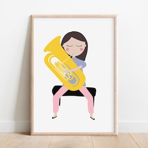 Stampa artistica di una ragazza suonatrice di tuba / Stampa di tuba / Poster di tuba / Arte murale di tuba / Decorazione per aula di musica