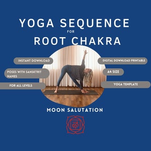 Secuencia de yoga para el saludo a la luna del chakra raíz, Chandra Namaskara Flow, plantilla de yoga para profesores de yoga, plan de clases de yoga