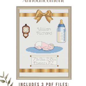 PDF com padrão de ponto cruz para anúncio de nascimento de bebê personalizado