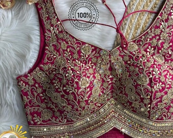 Pink Embroidered Saree Blouse with Sequin Detail - Indian Wedding Crop Top