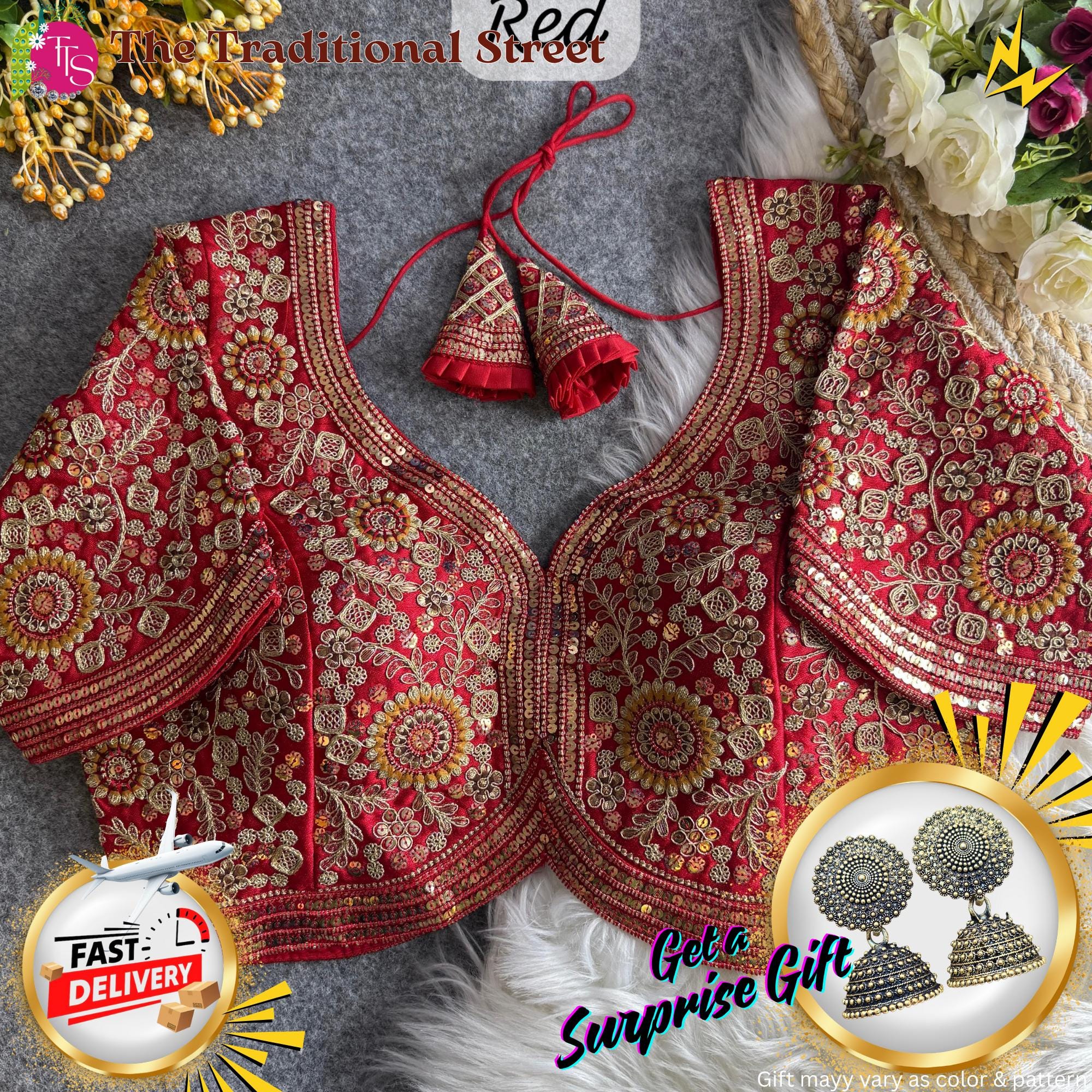 Bridal Embroidery Blouse: Italian Silk, Heavy Sequence, Latkans - Plus Size