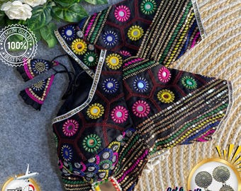 Kolkatta Fest Style Masaba Style Mirrorwork Blouse: Indian Navratri Festival Wear, Size US 34-42