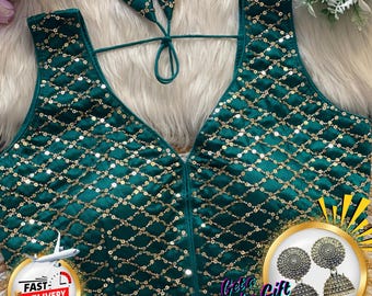 Sequin & Bead Embroidered Blouse: Indian Party Wear with Latkans, Size US 34-42