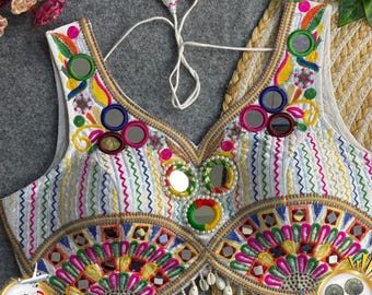 Navratri Mirrorwork Blouse: Italian Silk Readymade Sari Top, Size US 36-42