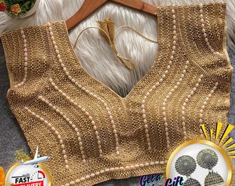 Handcrafted Pearl & Beads Blouse: Indian Bridal Party Wear, Size US 38-40
