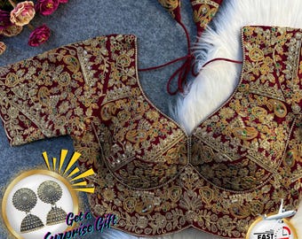 Heavy Embroidery Bridal Blouse: Georgette Sequence Work, Latkan Sleeves, Size US 34-42