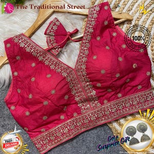 Blusa de sari de seda bordada com padrão de renda: Decote em V, ideal para noivas, tamanhos EUA 34-42.