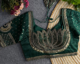 Sabyasachi Lotus Style Blouse: Handwork Embroidery, Indian Bridal Wear, Size US 36-40