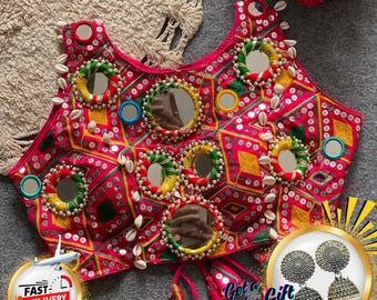 Navratri Mirrorwork Blouse: Indian Festival Garba Top, Size US 36-42