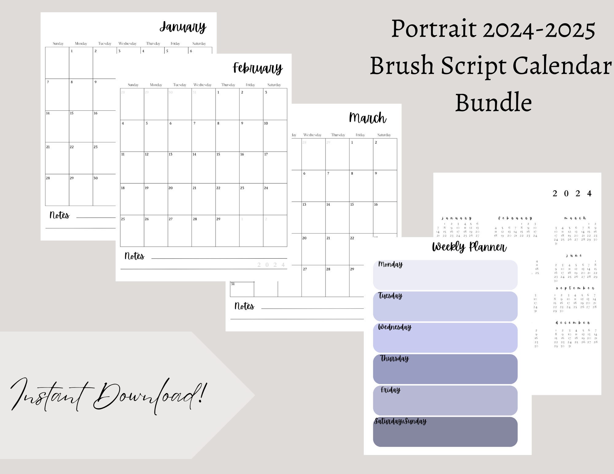 20242025 Printable Brush Script Calendar Etsy