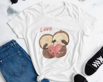 Valentine's Day Women's Short Sleeve Top T-Shirt Two Sloths In Love Hearts Cute Top