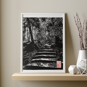 Japanese handmade linocut of a winding stone path in the Kurama forest - Engraved and printed by hand - Original japanese print - japan art
