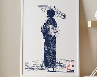 Linocut of a Japanese woman in a yukata with an umbrella and cherry trees in Prussian Blue - Hand engraved and printed - Japanese Decoration