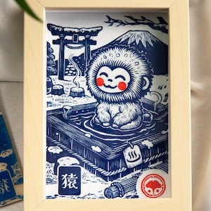 Linograbado de mono, estampado japonés azul o negro, regalo kawaii hecho a mano, A6 vendido con marco, folklore yokai Japón, decoración de mono macaco