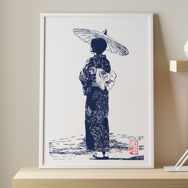 Linogravure d’une Japonaise en yukata avec ombrelle et cerisiers en Bleu - Gravée et imprimée à la main - Décoration Japonaise