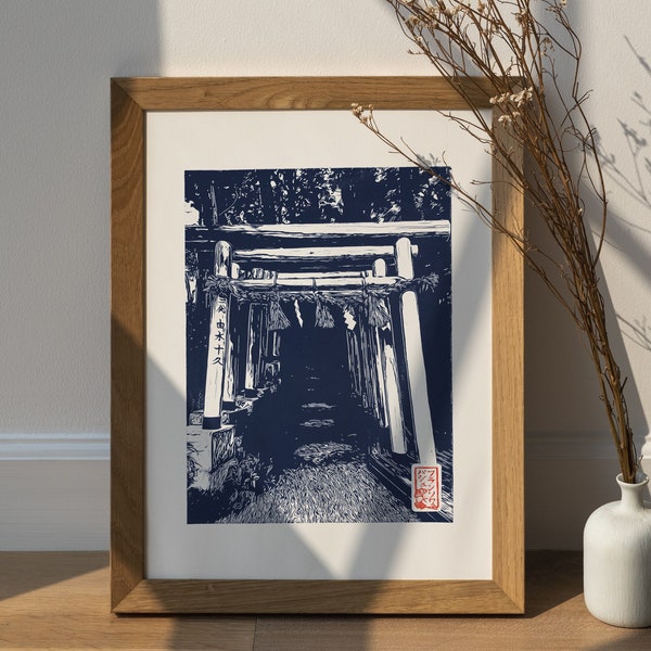 Japanese handmade Linocut of a mysterious Torii in Kanazawa Prussian blue - Hand engraved and printed - Wall decoration Japan