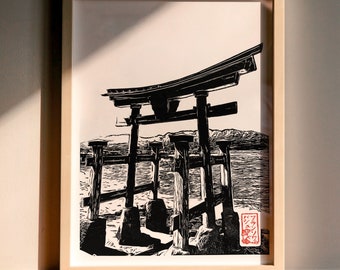 Japanese handmade linocut of an isolated Torii in Miyajima - Engraved and printed by hand - Original japanese print - japan art - home decor