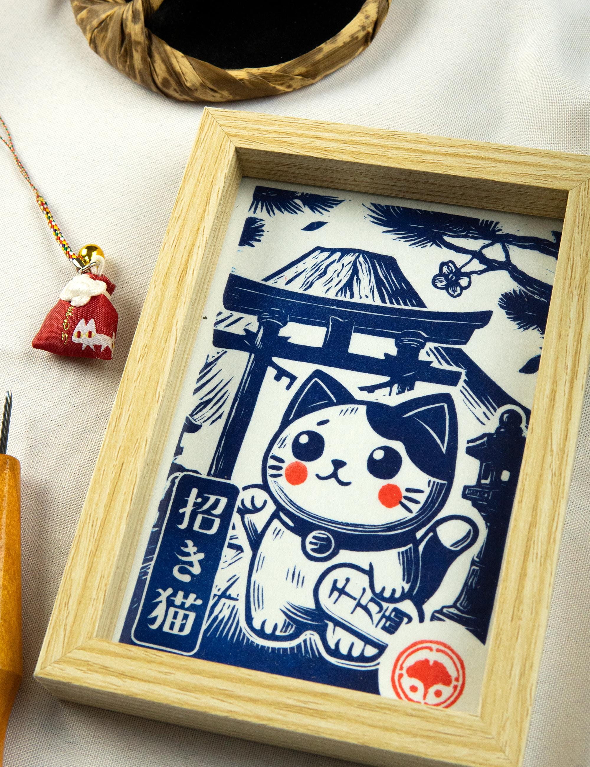 Maneki Neko Japanese – Linocut Lucky Cat Print Kawaii - Etsy