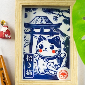 Maneki Neko Linocut – Handmade Japanese Print, Kawaii Blue or Black Art Print, A6 Size, lucky charm cat, Unique Gift