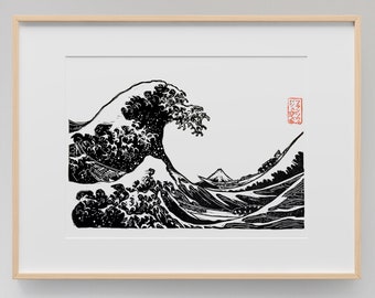 Linogravure japonaise artisanale de la Grande Vague de Kanagawa - Gravée et imprimée à la main - Décoration Japonaise