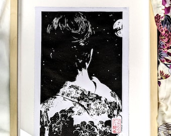 Linogravure Tsukimi Hidari - Fête de la lune Japon - Linogravure japonaise artisanale - Gravée et imprimée à la main - Décoration Japonaise