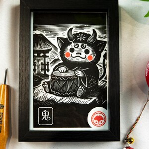 Oni linocut, Japanese demon, Japanese blue or black print, handmade kawaii gift, A6 sold with frame, yokai folklore from Japan