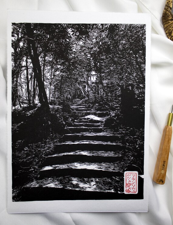 Linogravure Kurama – Estampe japonaise forêt de Kyoto