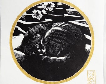 Tabby Cat Linocut – Japanese Print Tokyo