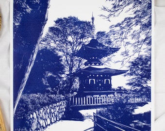 Linogravure pagode du Temple Katsuo-ji - Gravée et imprimée à la main - Décoration Japonaise - Cadeau amoureux du Japon