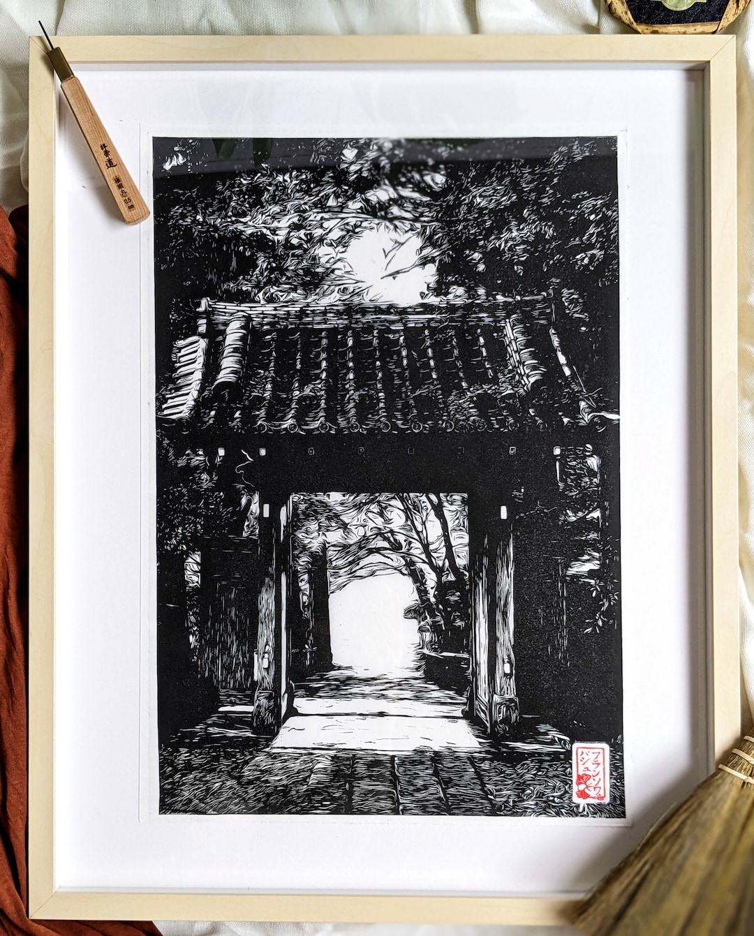Handcrafted Japanese Linocut door of Light Engraved and Printed by Hand