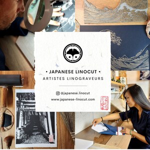 May include: A Japanese linocut print of a traditional Japanese gate, called a torii, with a black and white design. The print is on a white background and is framed in a black frame. The print is titled "Japanese Linocut" and is signed by the artist. The artist's website is listed below the print. The print is available for purchase on the artist's website.