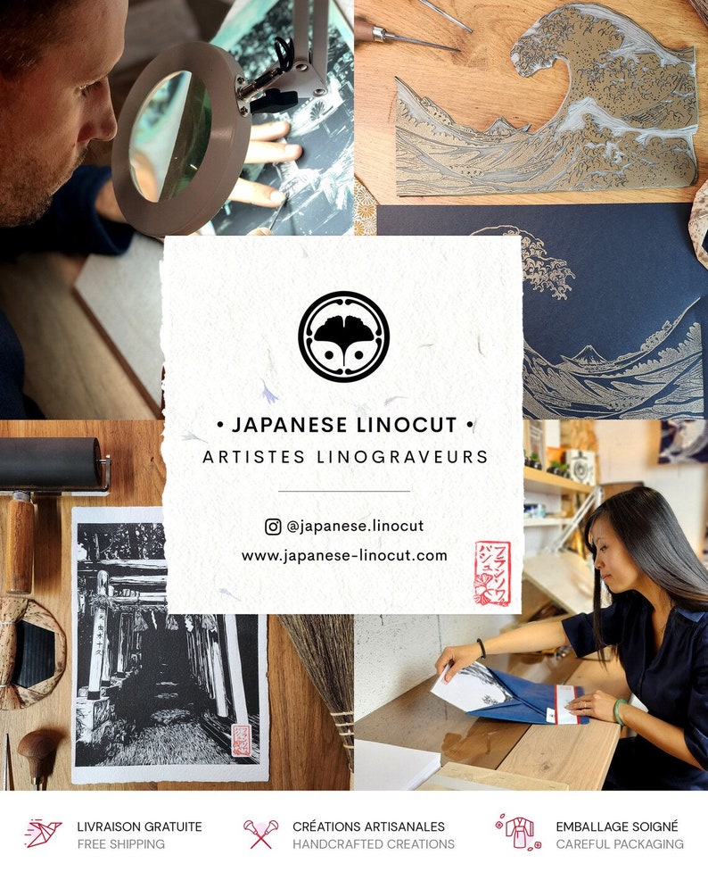 May include: A Japanese linocut print of a traditional Japanese gate, called a torii, with a black and white design. The print is on a white background and is framed in a black frame. The print is titled "Japanese Linocut" and is signed by the artist. The artist's website is listed below the print. The print is available for purchase on the artist's website.
