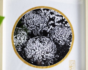 Japanese Chrysanthemum – Handcrafted Linocut Floral Print Art