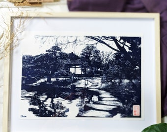 Japanese handcrafted linocut of the Koko-en garden of Himeji - Engraved and printed by hand - Japanese decoration