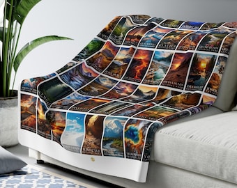 US National Parks Blanket, National Parks Sherpa Blanket, Nature Lover Gift, Travel Camping Blanket, Travel Home Decor | S10