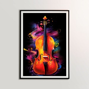 May include: A colourful artistic print of a cello against a black background. The cello is rendered in shades of orange and red, with swirling accents of pink, purple, and yellow. The artwork is framed in a black frame.