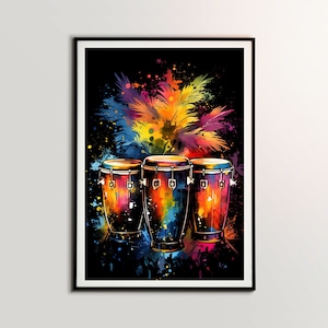May include: Three brown conga drums with colorful watercolor paint splatters and a large colorful tropical leaf behind them.
